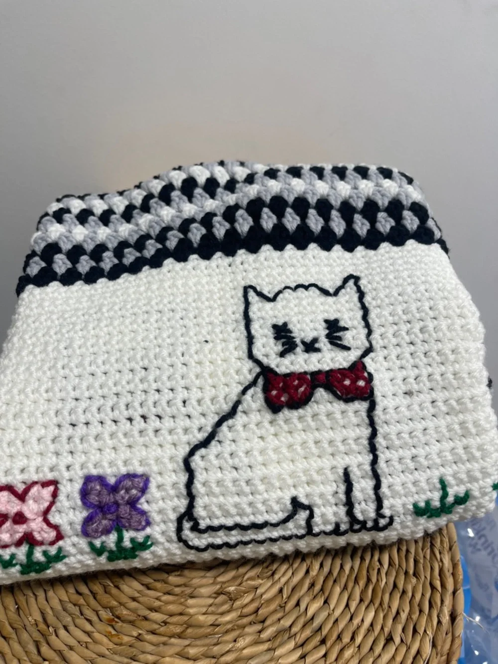 Granny Handmade Crochet Blanket White, Black and Gray Embroidered White Cat